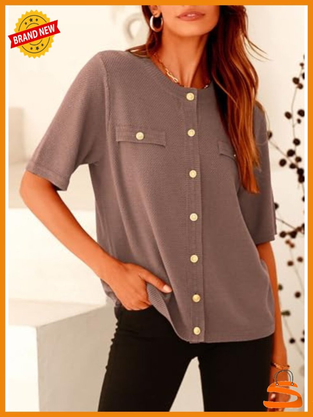 Women's Casual Short Sleeve Button Down Shirt - Ribbed Knit Blouse Top - Picture 3 of 6